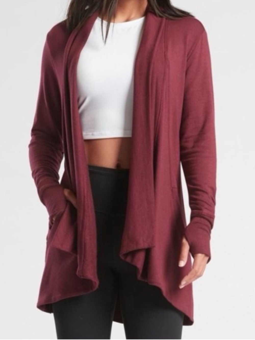 Athleta Open Front Pranayama / Nirvana Draped Wrap Cardigan Sweater - Mahogany /